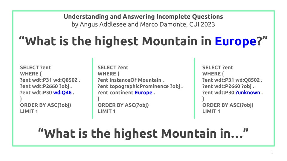Interaction Lab (@ilab_hwu) on Twitter photo Finally, <a href="/ACM_CUI/">ACM CUI</a> !
"Understanding and Answering Incomplete Questions" by <a href="/Addlesee_AI/">Angus Addlesee</a> and <a href="/mdtux/">Marco Damonte</a> at <a href="/AmazonScience/">Amazon Science</a>
We artificially interrupted 21k questions paired with their #SPARQL queries targeting <a href="/wikidata/">Wikidata</a> to recover from long mid-utterance pauses
amazon.science/publications/u⦠Finally, <a href="/ACM_CUI/">ACM CUI</a> !
"Understanding and Answering Incomplete Questions" by <a href="/Addlesee_AI/">Angus Addlesee</a> and <a href="/mdtux/">Marco Damonte</a> at <a href="/AmazonScience/">Amazon Science</a>
We artificially interrupted 21k questions paired with their #SPARQL queries targeting <a href="/wikidata/">Wikidata</a> to recover from long mid-utterance pauses
amazon.science/publications/uā¦