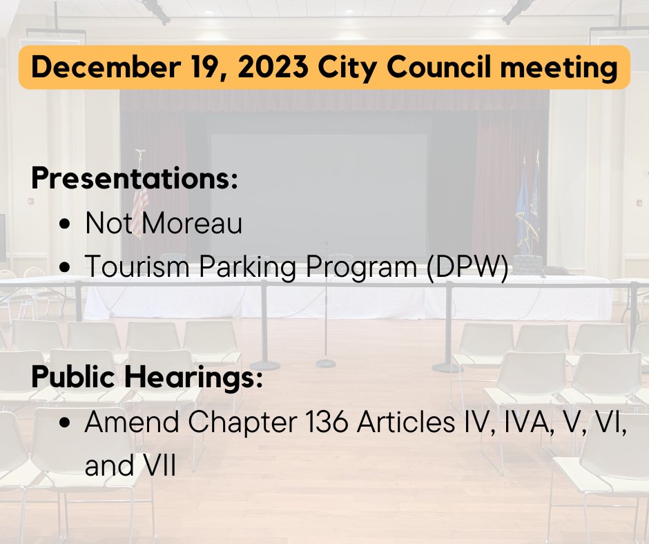Join us tomorrow for the December 19th City Council meeting in the Music Hall at 6pm. You can also watch the livestream on the City website, saratoga-springs.org/2637/Live-Meet…