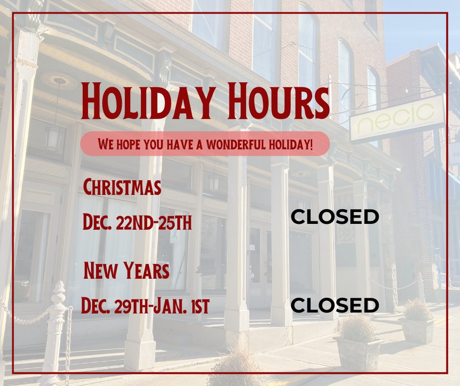 Happy Holidays from the NECIC family to yours! Please take note of the following dates when our NECIC offices will be closed during this festive season. Wishing everyone a joy-filled and warm holiday season! #HappyHolidays