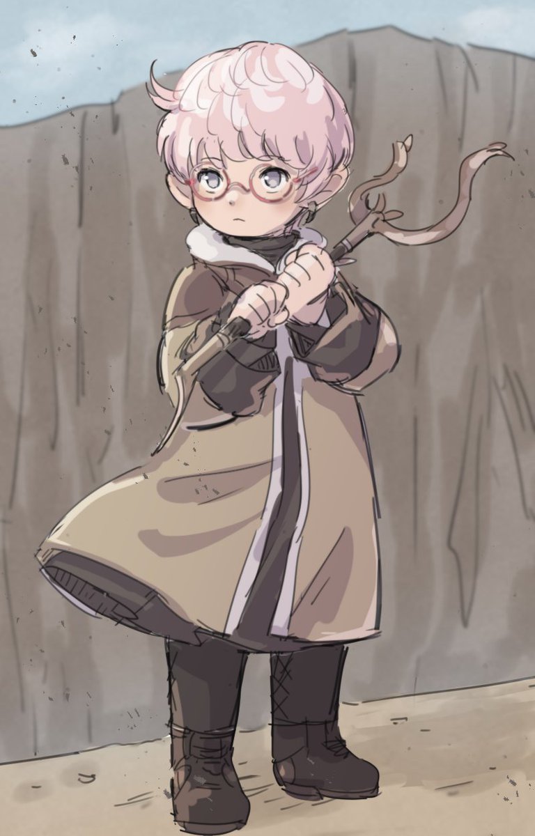 solo glasses holding boots pink hair staff standing  illustration images