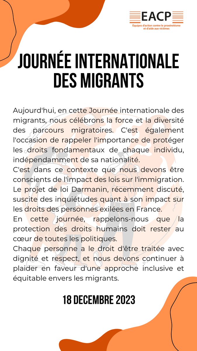 🧡 Rejoignez-nous pour sensibiliser, partager cette publication, et agir pour un monde où chaque personne, indépendamment de son origine, est respectée et protégée. Ensemble, nous pouvons faire la différence.✊
#JournéeInternationaleDesMigrants #MigrantsDay #LoiDarmanin