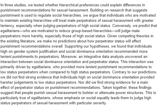 Himpathy and status: Attitudes to social hierarchy predict reactions to sexual harassment journals.plos.org/plosone/articl… via @WeavingMorgan et al