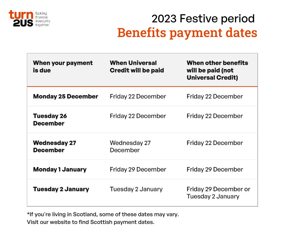 Bank holidays over the festive period mean your benefit payments may arrive earlier than usual. This may be different for tax credits and Child Benefit. Read our guide to 2023 festive period benefits payment dates: turn2us.org.uk/about-us/news-…