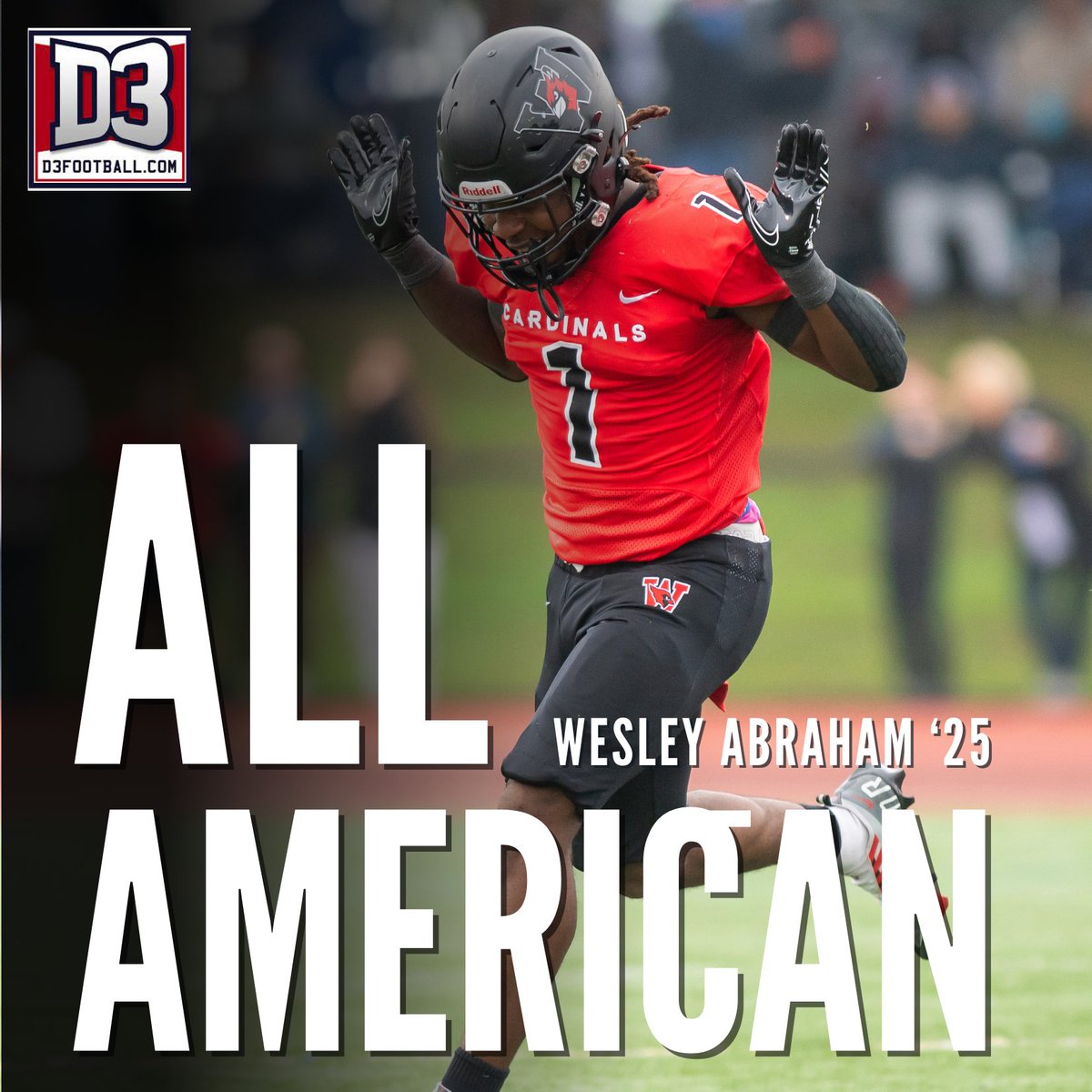 🏈 ALL-AMERICAN 🏈 CB Wesley Abraham '25 - 4th Team ➡️ Big news from @d3sports as Wesley becomes just the 15th Cardinal and first-ever defensive back in @Wes_Football history to earn All-American honors