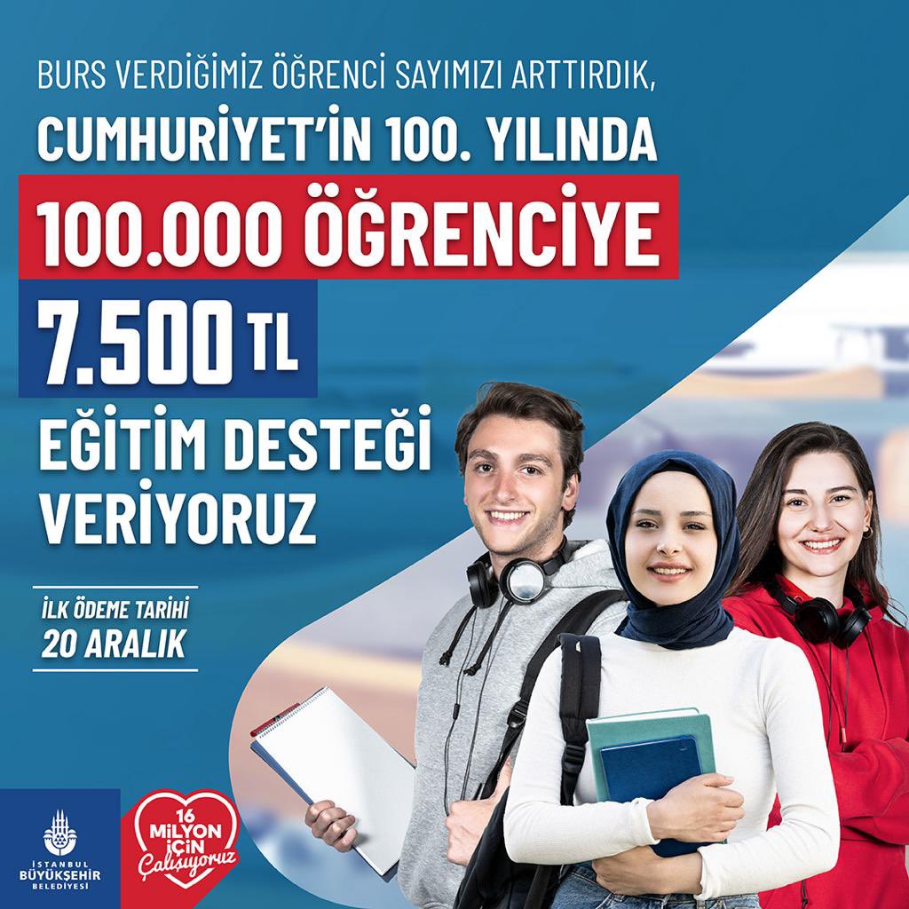Cumhuriyetimizin 100. yılında 100.000 üniversite öğrencisine 7500 TL eğitim desteği veriyoruz. İlk taksitler çarşamba günü hesaplara yatırılacak. Güle güle kullanın.