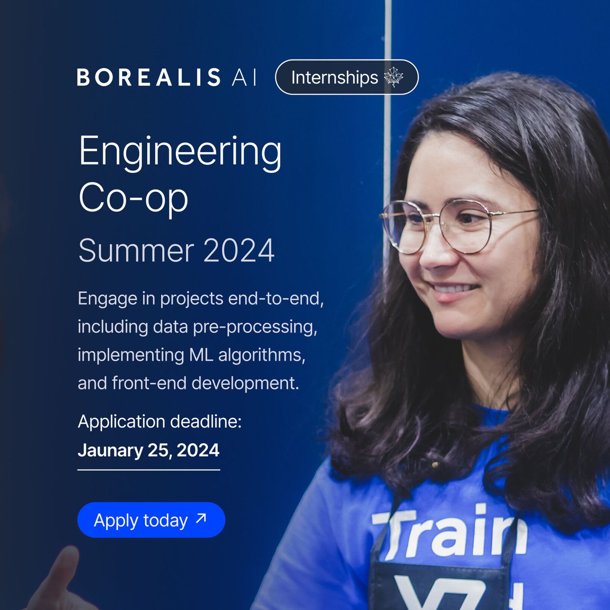 👋 Come work with us! Applications for our Summer 2024 #Engineering Co-op are now open. As a Co-op #ML #SoftwareEngineer, you’ll be involved in a project end to end – data pre-processing to implementing algos and front-end development. 

Apply by Jan 25 ➡️ bit.ly/3RQnj0A