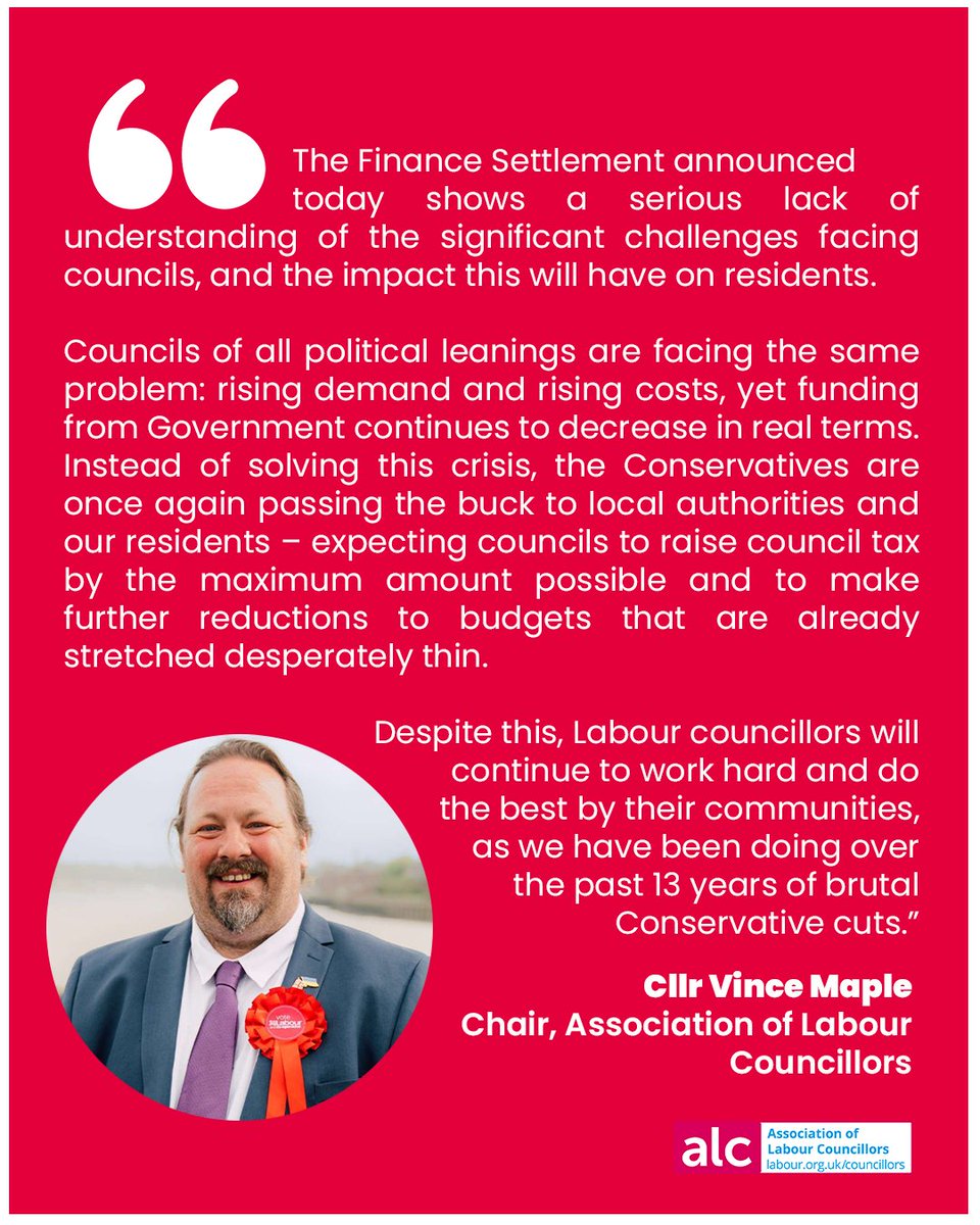 Association of Labour Councillors (ALC) (@labourcllrs) on Twitter photo As expected, today's Finance Settlement lacks new funding, and passes the buck to local authorities to survive by raising council tax and cutting budgets to the bone.
Read our Chair <a href="/vincemaple/">Vince Maple #ProudToBeMedway</a>'s response below 👇 As expected, today's Finance Settlement lacks new funding, and passes the buck to local authorities to survive by raising council tax and cutting budgets to the bone.
Read our Chair <a href="/vincemaple/">Vince Maple #ProudToBeMedway</a>'s response below 👇