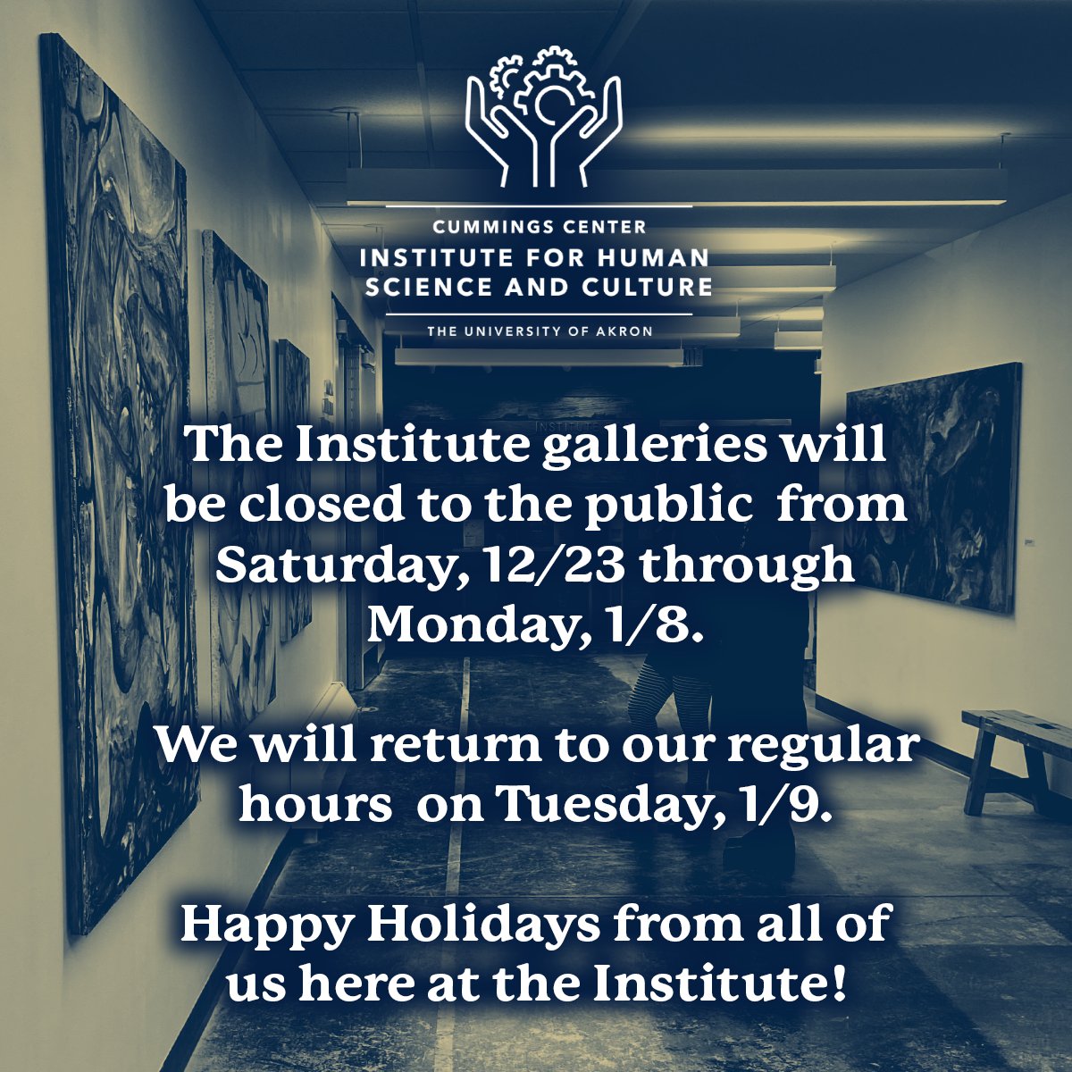 The Institute for Human Science and Culture will be closed to the public from Saturday, Dec. 23 through Monday, Jan. 8. We’ll return to our regular hours on Tuesday, Jan. 9.
From all of us here at the Institute: happy holidays, and we'll see you in 2024! ❄️