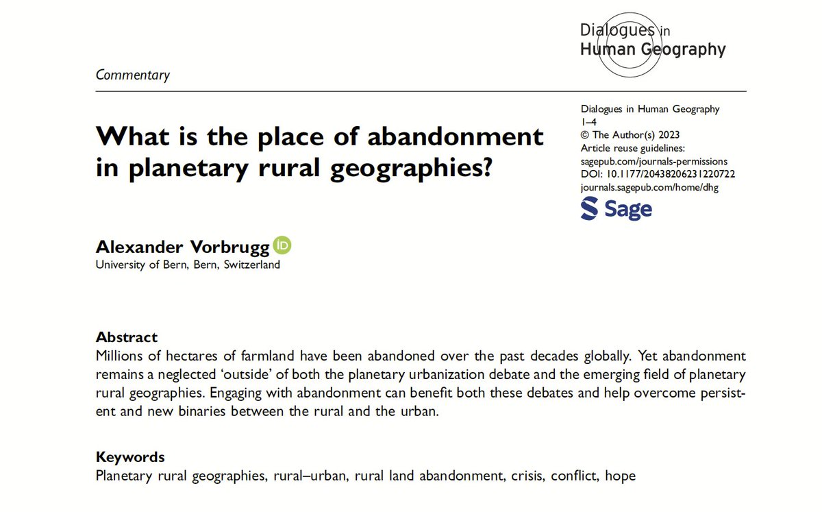 My thoughts on the place of abandonment in planetary rural geographies are out now in @DialoguesHG Thinking with abandonment can help theorize contraction and overcome rural-urban binaries while embracing the potential of a planetary perspective journals.sagepub.com/doi/10.1177/20…