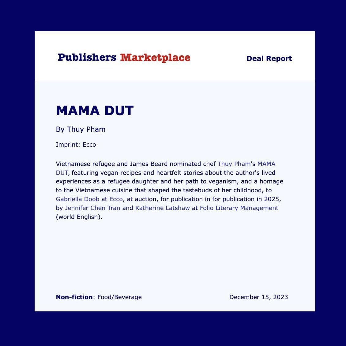 Happy Monday! Thrilled to finally announce this amazing cookbook deal with @mamadutfoods with @eccobooks! Thuy story is about resilience and finding joy, please celebrate with me and congratulate Thuy on this incredible accomplishment! #vegan #veganfood #vietnamese