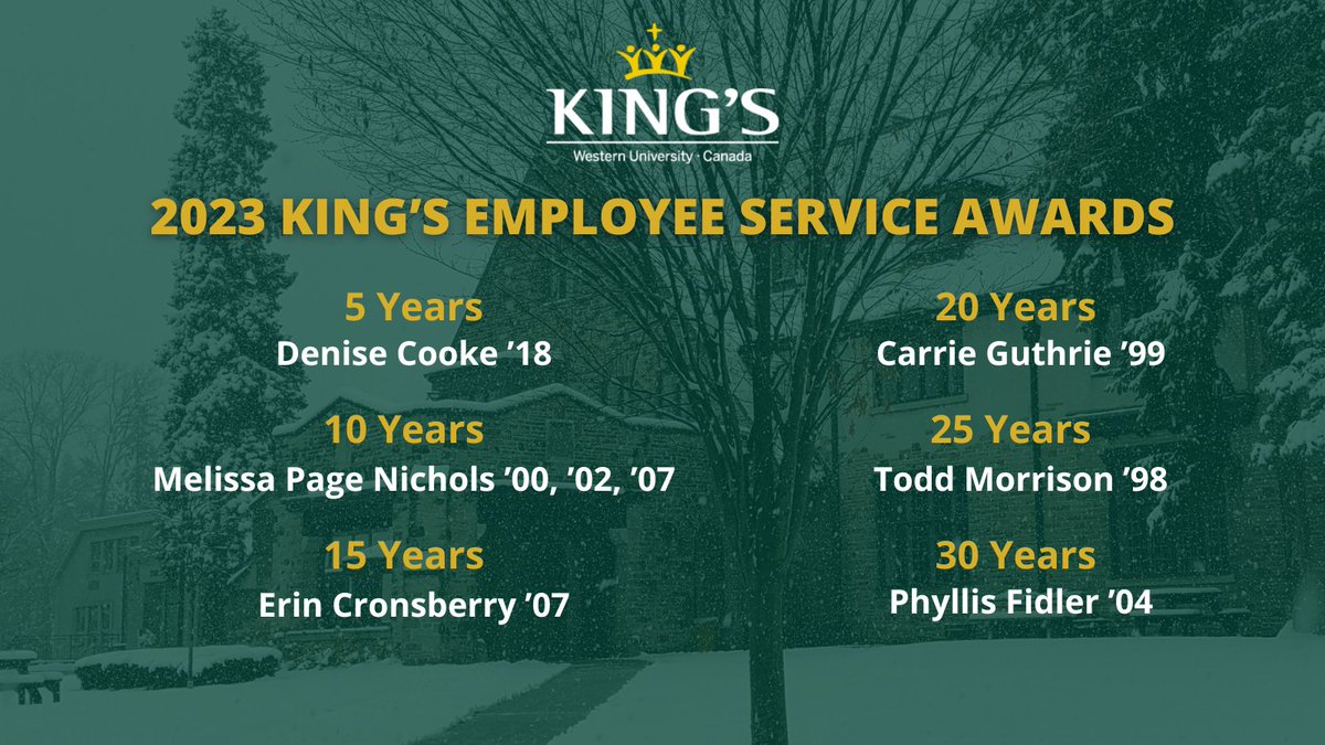 Congratulations to all @kingsatwestern employees who were recognized with service awards today. Your Alumni Association wishes to acknowledge the achievements of alumni employees who have reached career milestones. King’s is truly #APlaceToBe #APlaceToBecome
#IWentToKings