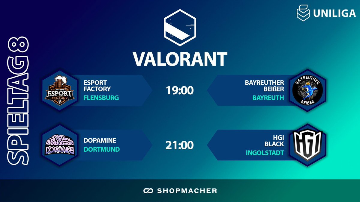 Uniliga (@uniligagg) on Twitter photo #Valorant Spieltag 8!😍
<a href="/EsportFactoryDE/">Esport Factory</a> vs. Bayreuther Beißer
DOpamine vs. HGI Black
⏰ 19:00 Uhr
📺 twitch.tv/uniliga_aim
🎬 <a href="/DontFlashMyR/">Tim Konopka</a>
🎙️ <a href="/hopsi_/">felix</a> & <a href="/CraftyMoustache/">Crafty</a> #Valorant Spieltag 8!😍
<a href="/EsportFactoryDE/">Esport Factory</a> vs. Bayreuther Beißer
DOpamine vs. HGI Black
⏰ 19:00 Uhr
📺 twitch.tv/uniliga_aim
🎬 <a href="/DontFlashMyR/">Tim Konopka</a>
🎙️ <a href="/hopsi_/">felix</a> & <a href="/CraftyMoustache/">Crafty</a>