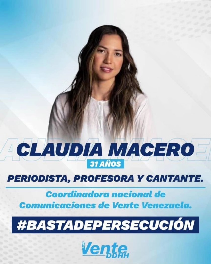 Claudia Macero es una periodista de amplia trayectoria, que durante años ha defendido la libertad de expresión a través de la comunicación política.
¿Su 'delito'? Exponer ante el mundo la realidad en la que nos ha sumido el régimen. #Bastadepersecucion