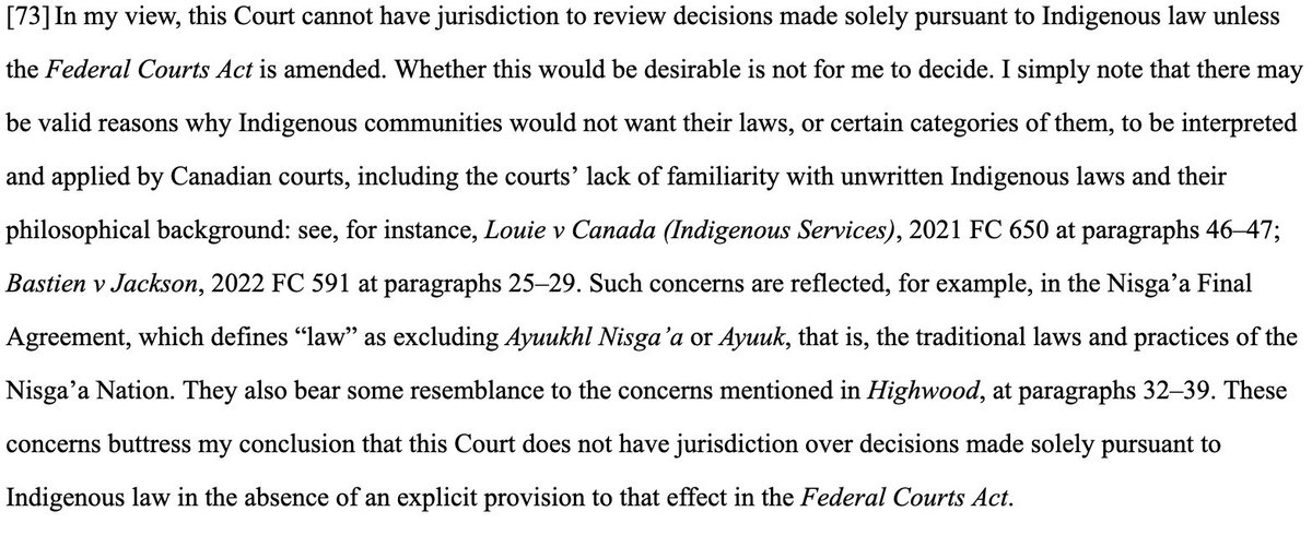 Here's an interesting new case on the justiciability of Indigenous law: decisions.fct-cf.gc.ca/fc-cf/decision… If recognition for Indigenous law is sought under Canadian law, this could provide the Federal Court with jurisdiction, but the Court doesn't have free-standing jurisdiction over it.