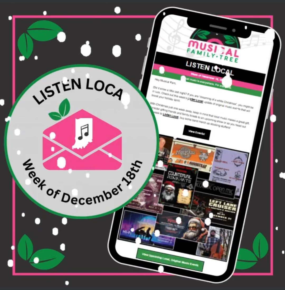 Check your inbox for this week's Listen Local newsletter. What local events are you going to this week? Also, keep in mind that local music concert tickets and merch make great gifts! Join our email list for weekly local music updates. musicalfamilytree.org/subscribe #listenlocal