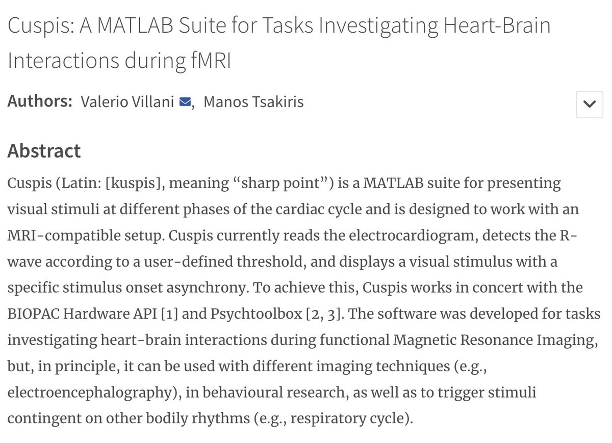 Lab Of Action & Body (@labactionbody) on Twitter photo Cuspis: A MATLAB Suite for Tasks Investigating Heart-Brain Interactions during fMRI by <a href="/ValerioVillani/">Valerio Villani</a> & <a href="/manos_tsakiris/">Manos Tsakiris</a> openresearchsoftware.metajnl.com/articles/10.53… Cuspis: A MATLAB Suite for Tasks Investigating Heart-Brain Interactions during fMRI by <a href="/ValerioVillani/">Valerio Villani</a> & <a href="/manos_tsakiris/">Manos Tsakiris</a> openresearchsoftware.metajnl.com/articles/10.53…