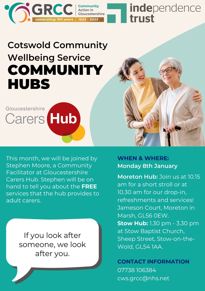 Don't forget our January Cotswold Community Well-being Service Community Hub will be held on the 8th of January due to the New Year's bank holiday!
Join us to learn all about the services that @GCarersHub provide to #carers. See the poster or ALT text for details!