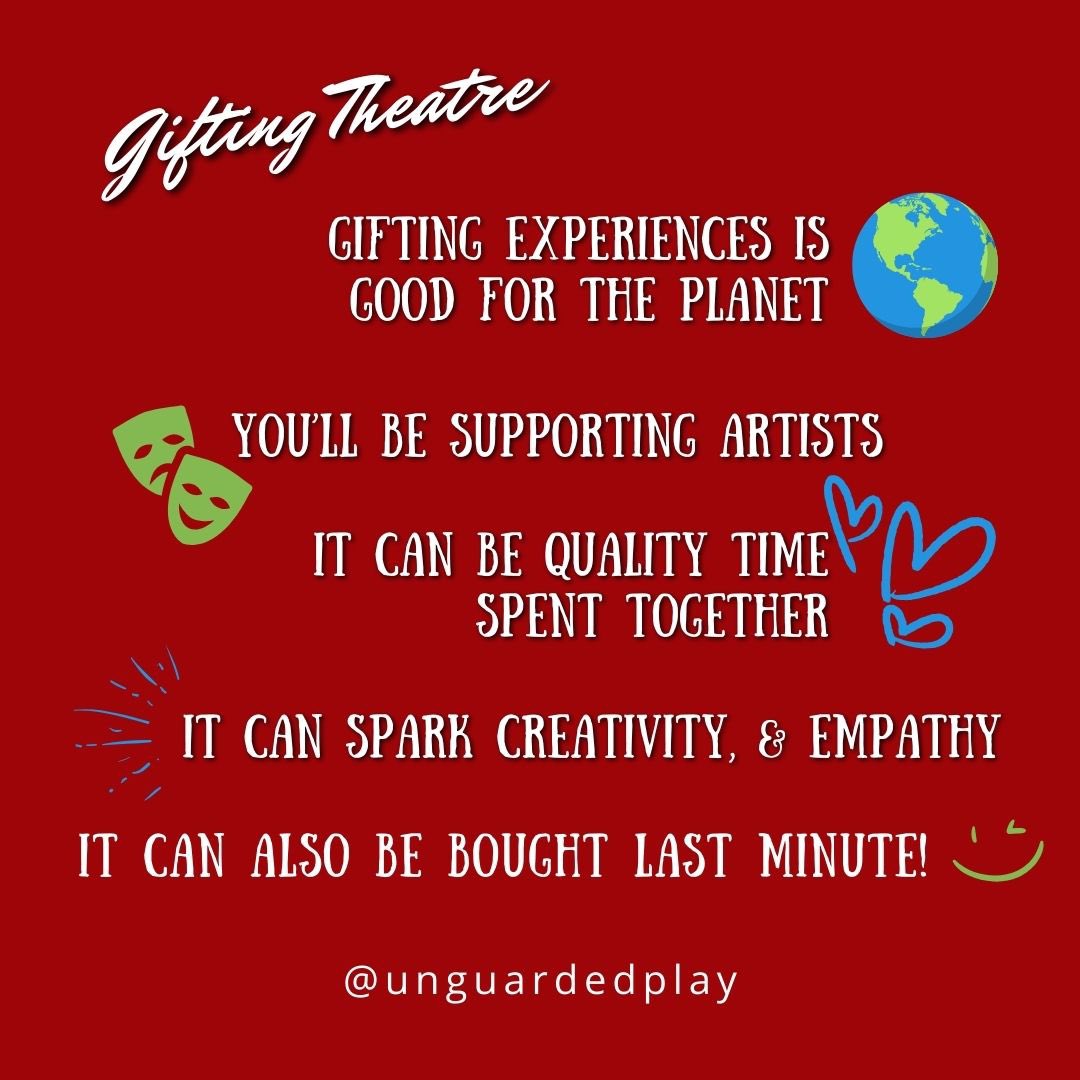 As we head into the gifting season why not give the gift of theatre? Get someone tickets to a show (like #UnguardedPlay 😉) or a theatre voucher 🎁 We've listed just a few reasons here what would you add to the list? #GiftIdea #SupportLocal #SupportArtists #EcoGifts #IrishTheatre