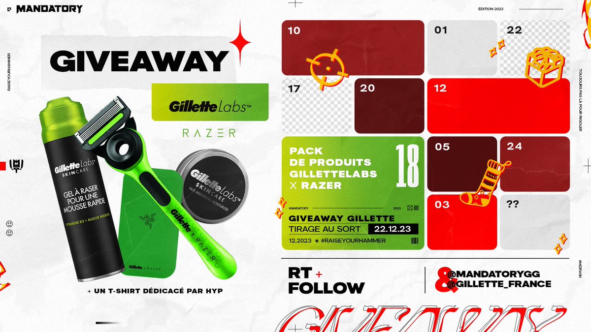 Tentez de remporter un pack de produits GilletteLabs x Razer contenant un rasoir avec trousse de voyage, un baume hydratant, un gel à raser et un t-shirt dédicacé par @HyPOfficial 🤌 Pour participer : RT ce tweet Follow @MandatoryGG et @Gillette_France 📆 TAS le 22/12