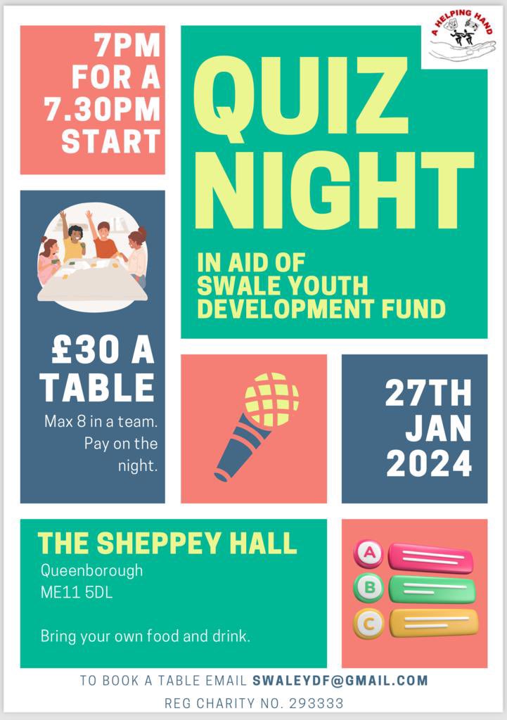 To book a table email: SWALEYDF@gmail.com To anyone local to the Isle of Sheppey that’s fancies themselves as a bit of a quizzer. Come along to the @swaleydf quiz at the end of January. Good luck.