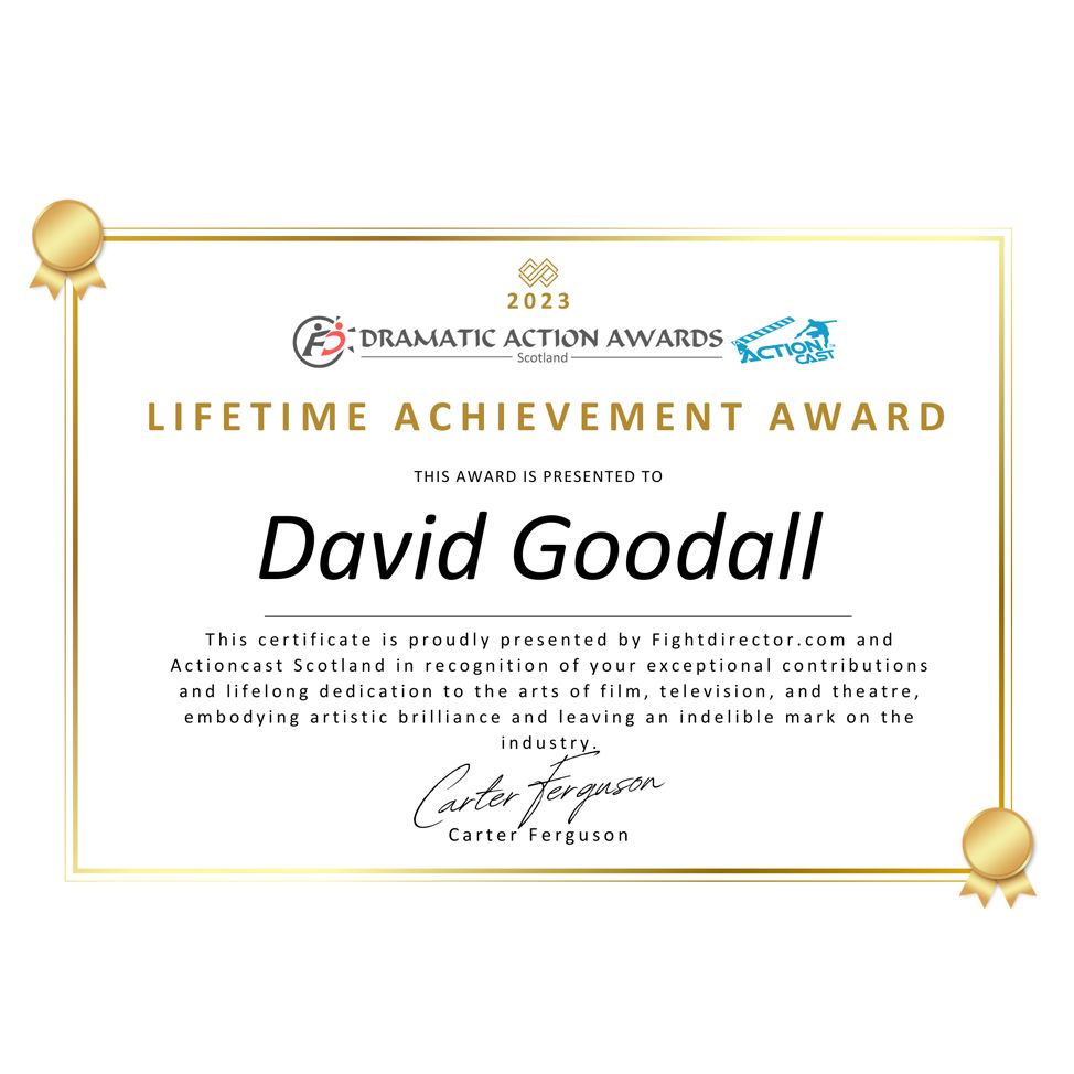 fight_director's tweet photo. 2023 Dramatic Action Awards - #Scotland 

Finally, the LIFETIME ACHIEVEMENT AWARD goes to the late DAVID GOODALL. An actor, a composer, a director, a friend. It is for his work as a #fightdirector that he is recognised here.

#RIP #DavidGoodall #WINNER

https://t.co/JOrYECOxjB https://t.co/YBGcWgNH8e