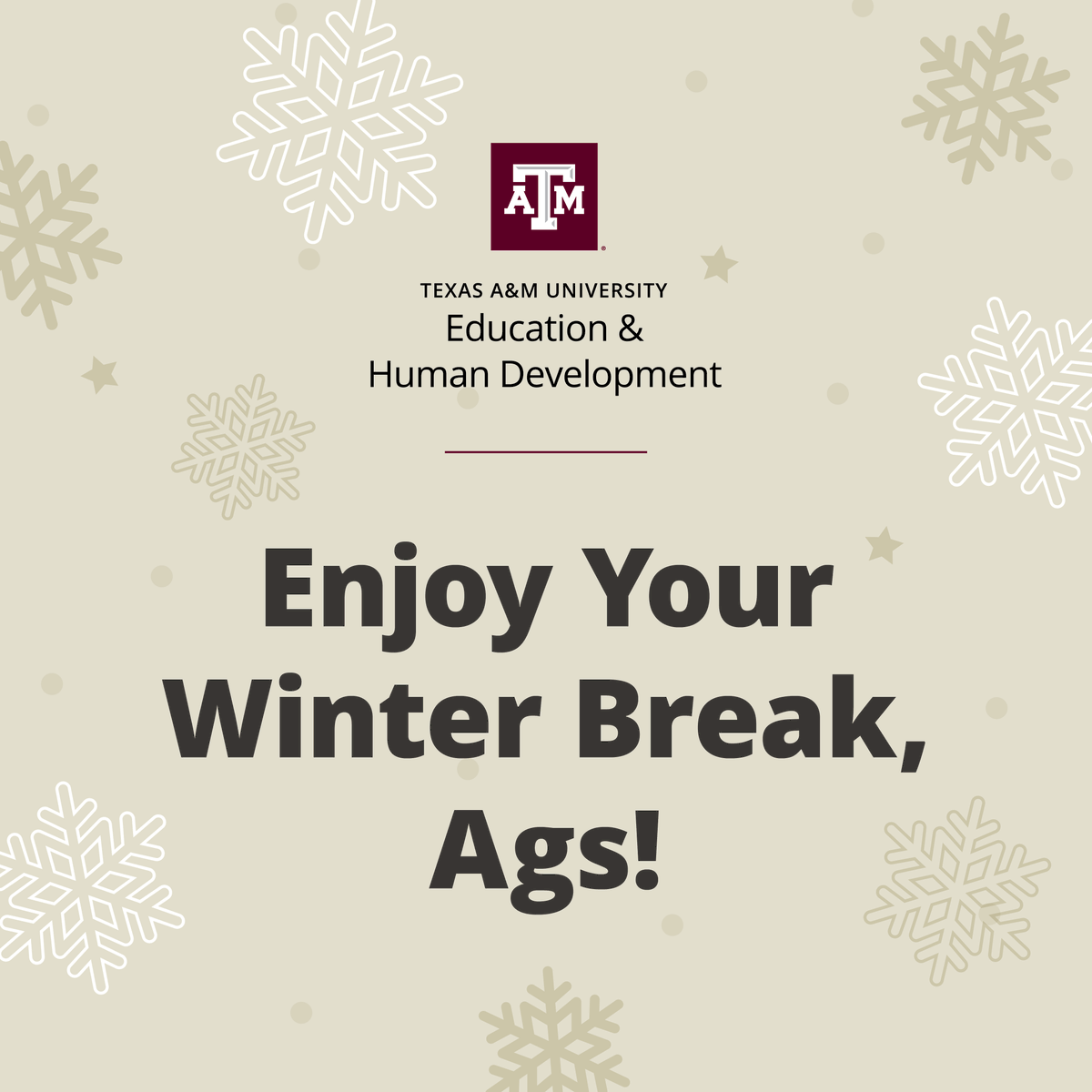 Congratulations to all our students for another great, successful semester! We hope you enjoy the Winter Break and look forward to seeing you in January! ⛄️ 🏂 🧦 🧣

#SEHD #TAMU #Students #WeMadeIt #CatchYouOnTheFlipSide #HappyHolidays