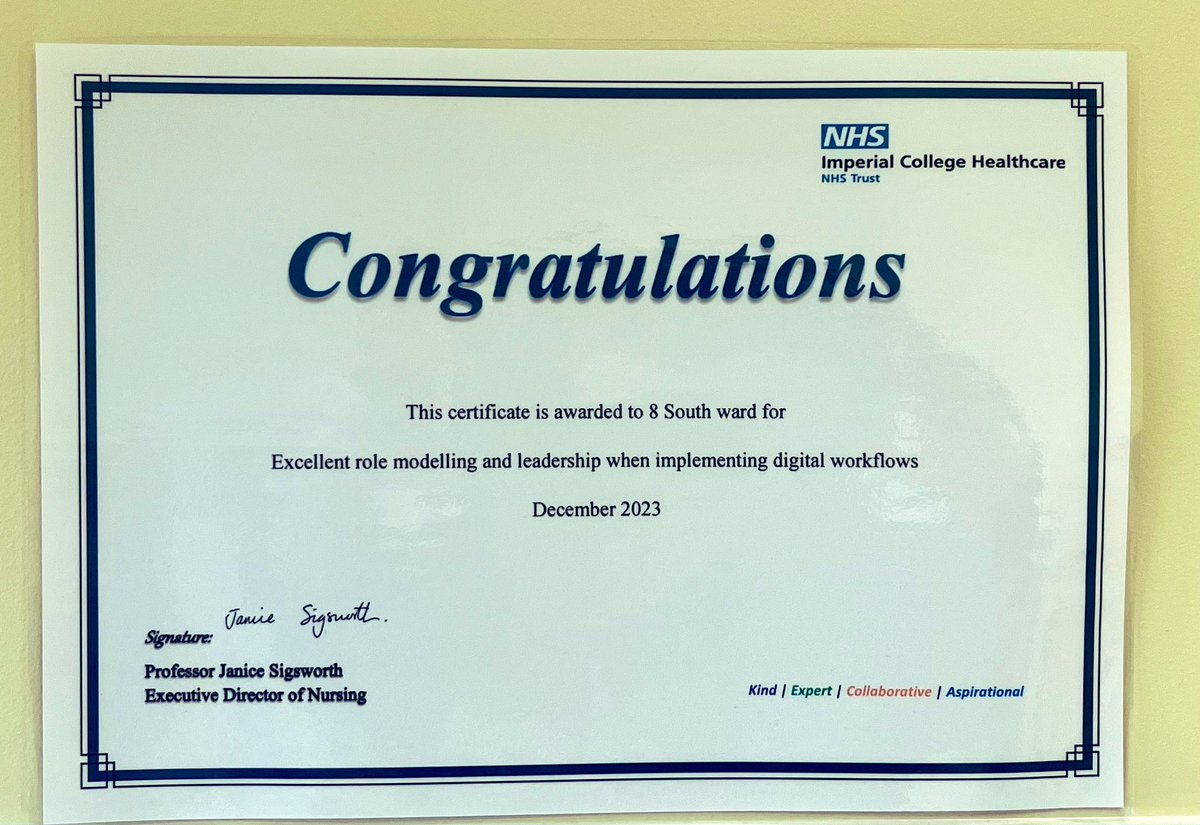 What a great start of the week! Team 8 South has been awarded for the excellent role modelling and leadership on implementation of digital workflow!! Thank you @cleonvillapalos @SigsworthJanice @imperialNHS_CEO @n_PiresRN @MLU_1981 @ImperialPeople @GranaghanRose