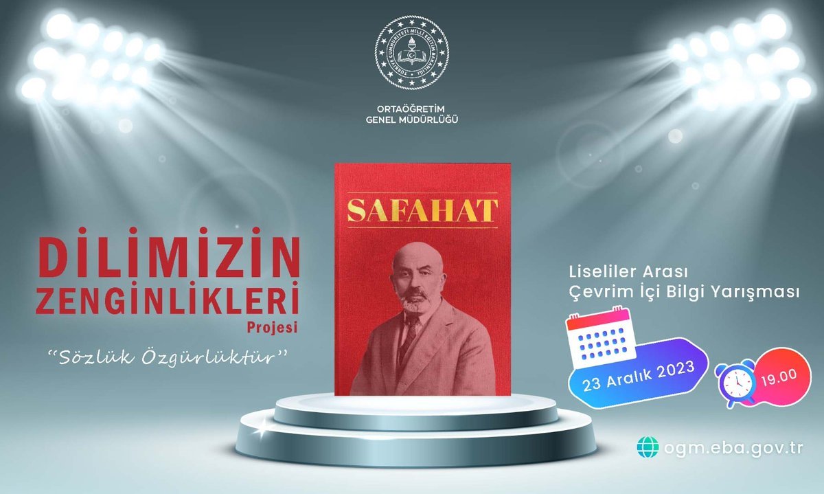 Dilimizin Zenginlikleri Projesi Kapsamında Ortaöğretim Kademesi Eylem Planında Yer Alan 'Safahat' Konulu Çevrim İçi Bilgi Yarışmasına Başvurular Başladı. Başvuru Bağlantısı için👇 🔗meb.ai/C8BRkV @tcmeb @Yusuf__Tekin