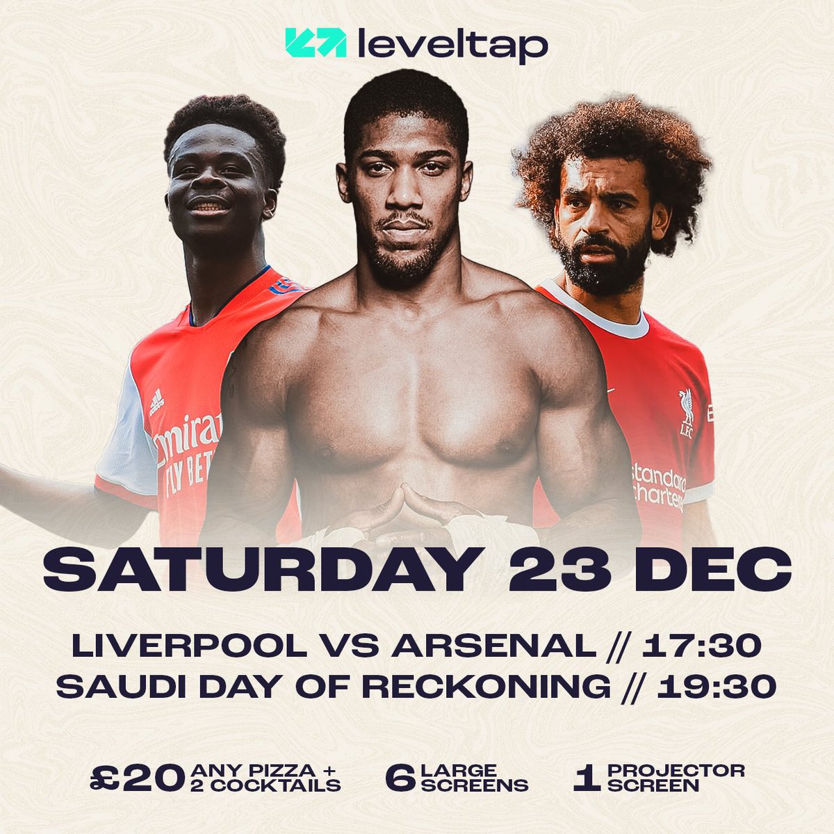 LevelTapLPL's tweet image. Saturday 23rd Dec ⚽️🥊

Watch Liverpool v Arsenal // 17:30 kick off ⚽️

Follow by the #dayofreckoning live 🥊

Book now via our website 🩵