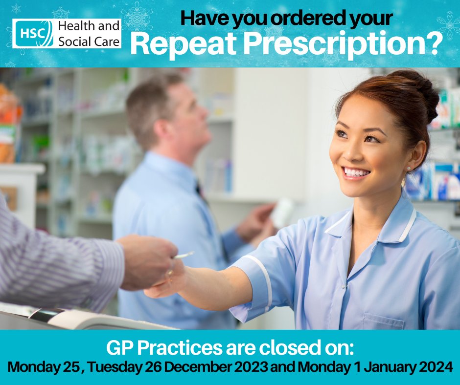 Do you get a repeat prescription? Please check you have enough medications to last you over the holidays. GP Practices are closed on 25 and 26 December and 1 January. Please familiarise yourself with health care services over the Christmas holidays bit.ly/HSCservicesChr…