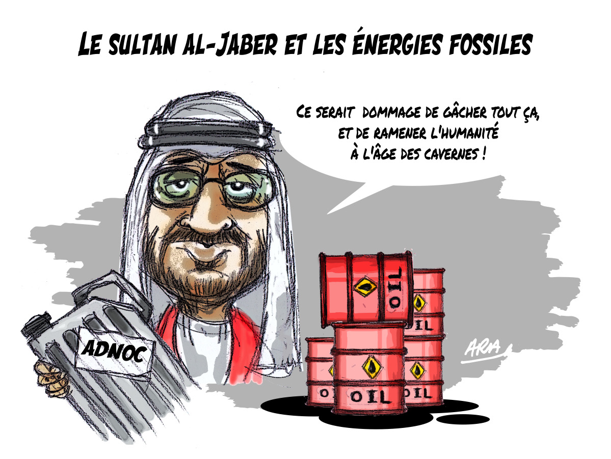 ✏️ Le dessin du jour par @ara_dessins - Le sultan #AlJaber et les énergies fossiles. #COP28 📰 Lisez France-Soir : francesoir.fr