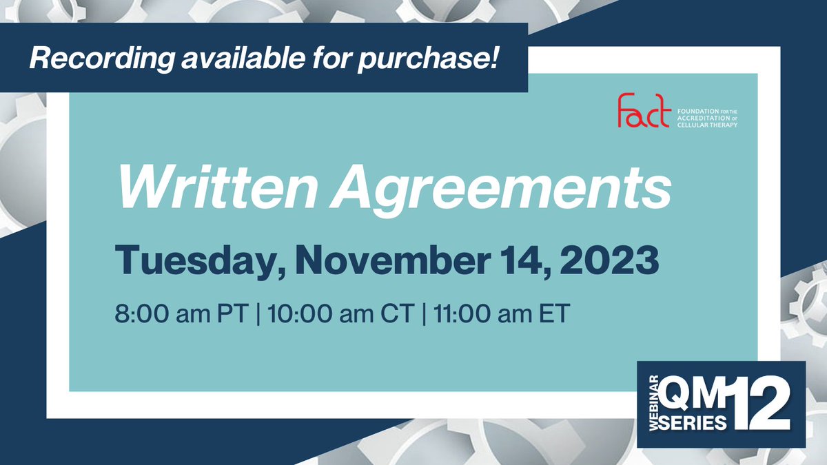 The recording🎥 of #FACT QM Series 12 #webinar three: Written Agreements📝 is now available for purchase. Visit the FACT Store🛒: loom.ly/CCUWLiU

Join us Jan. 16 for webinar four, Program's Perspective: Three Views! Register now💻: loom.ly/M1bvoIk