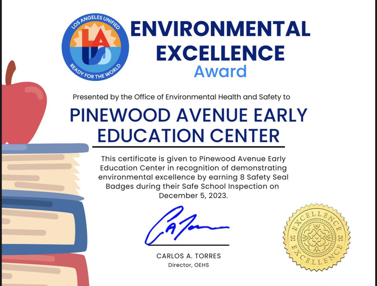 Pinewood EEC earned 8 Safety Seal Badges during a recent visit from the Office of Environmental Health &amp; Safety. Thank you to our wonderful team that make our campus a safe place for our students to learn. <a href="/LASchoolsNorth/">LAUSD Region North</a> <a href="/earlyed_la/">EarlyedLA</a> <a href="/ECED4LA/">ECE4LA</a> <a href="/MLB4PreK/">Martha Borquez</a> <a href="/Kelly4LASchools/">Kelly Gonez, LAUSD</a>