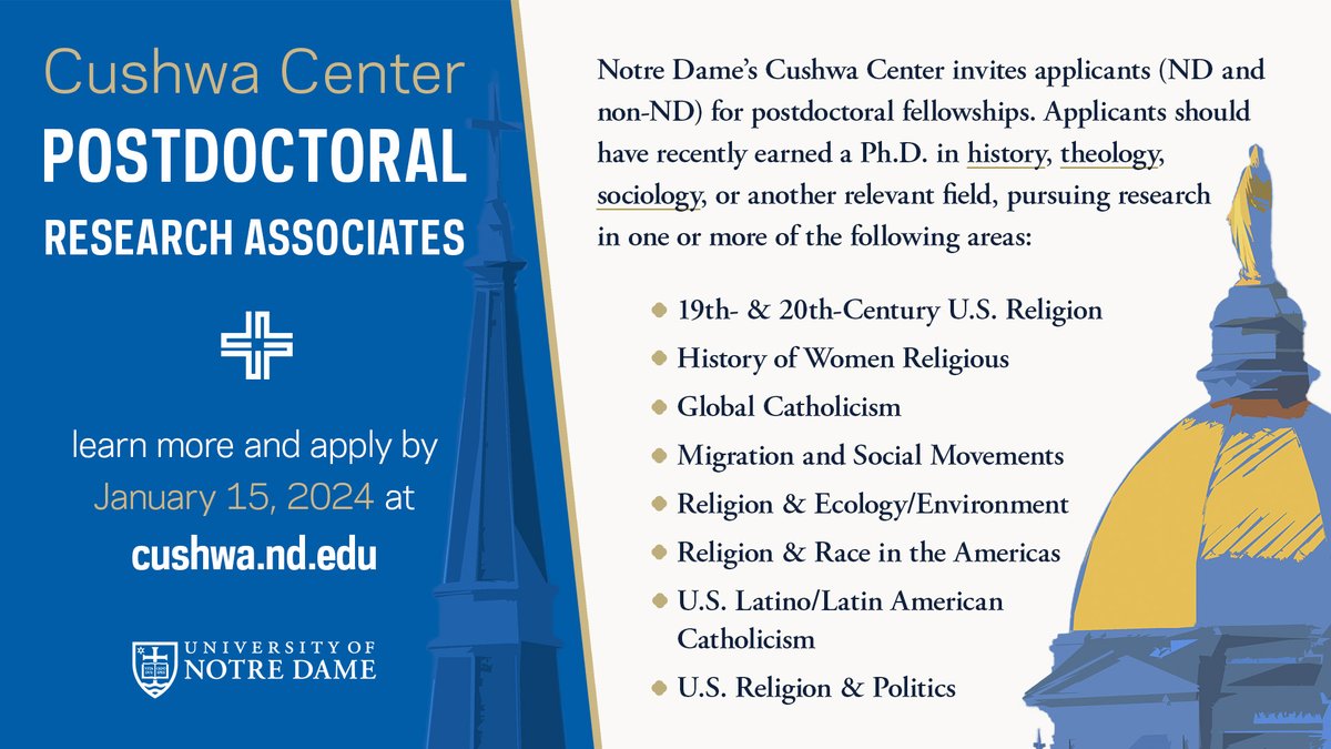 Two important reminders ahead of the new year: – Applications are due by December 31 for the Cushwa Center's research grants and awards (cushwa.nd.edu/grants) – The deadline to apply for a Cushwa postdoc fellowship is January 15 (cushwa.nd.edu/postdocs)