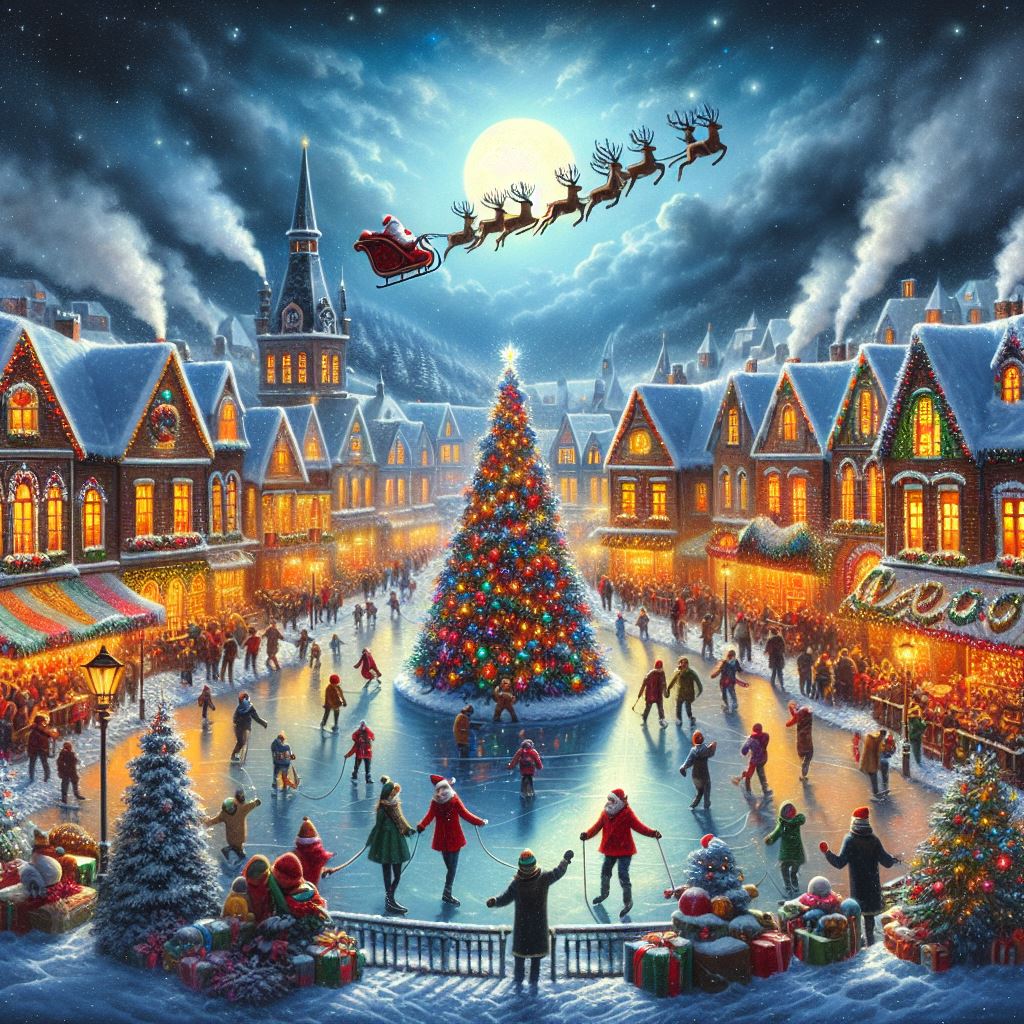 A Christmas Town 😀🎨
🎅☃️🎄🦌🐧🐻‍❄🌨❄️🎊🎉🎁🧸🥳 
#AI #AIArtCommunity #AIArtGallery #AIArt #AIArtwork #AIArtist #Christmas #Winter #ChristmasTree #SantaClaus #Sleigh #IceRink #Town