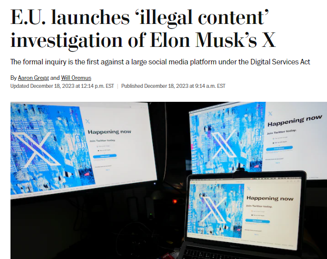 Musk's dismantling of Twitter's content moderation has been welcomed by many on the right in the US. Europeans are less impressed. Story today on EU investigating X over terrorist content, hate speech, 'Community Notes' and more: washingtonpost.com/technology/202… by @Post_AG & me