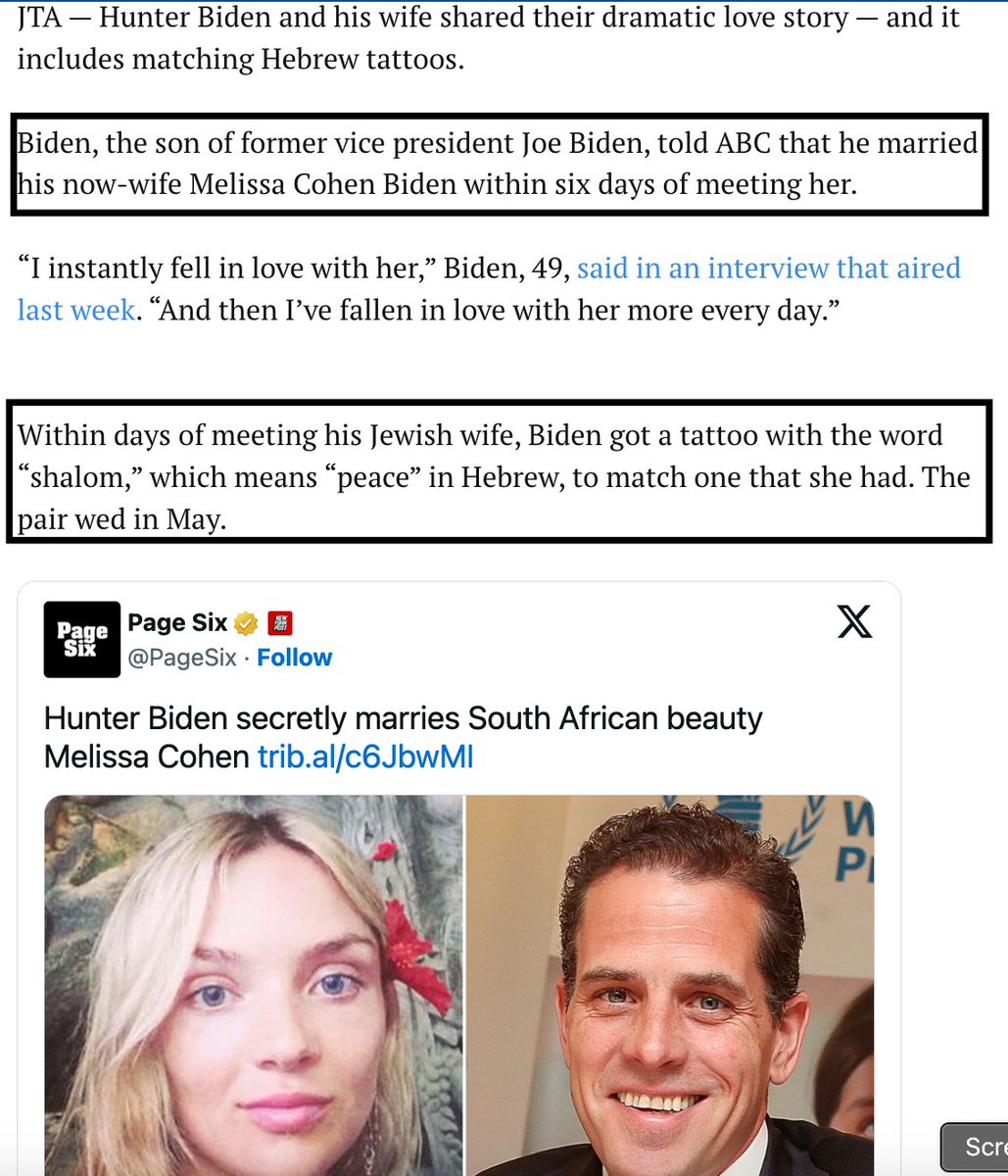 Hunter Biden met Melissa Cohen Biden, they got matching Hebrew tattoos & got married within 6 days of meeting each other. That's not normal. That tattoo is probably a brand, that secretly means he's owned by Israel. The United States of Israel. 🇮🇱🇺🇸