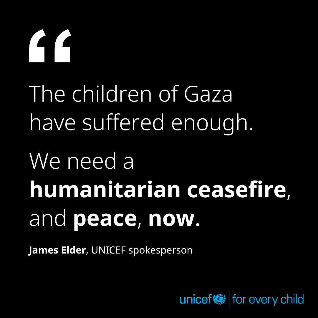 “Children in Gaza are now in danger from the sky, disease on the ground, and death from hunger and thirst. Nowhere is safe.” Read UNICEF spokesperson @1james_elder's firsthand account of the impact of the war on children and families: uni.cf/3NtrdtF