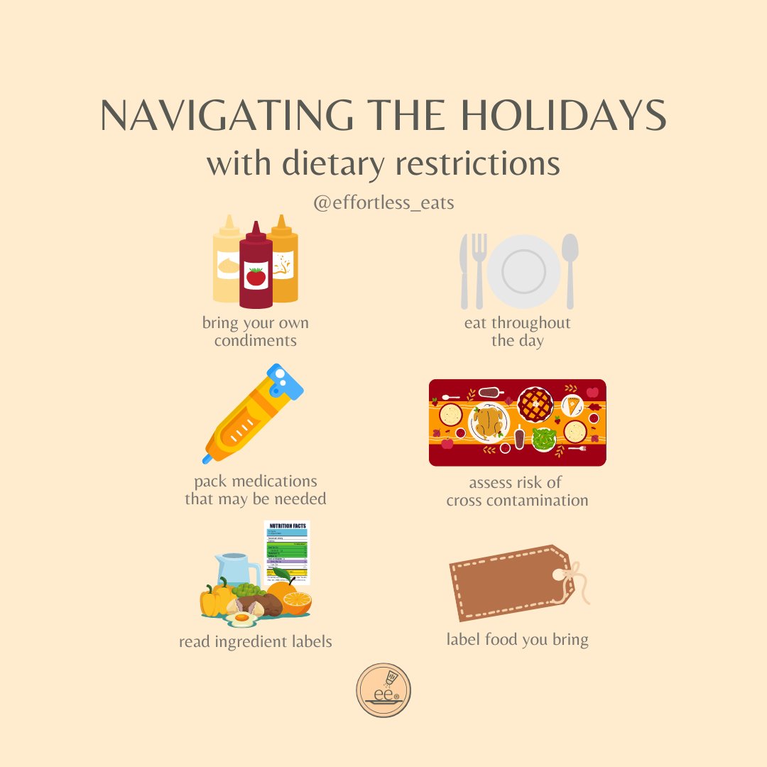 Use whichever of these tips you may need so that you can enjoy your holiday festivities stress-free 🧡 
#effortlesseats #foodallergies #dietaryrestrictions #celiacdisease #foodallergy #glutenfree #glutenfreediet #rd2be #futuredietitian