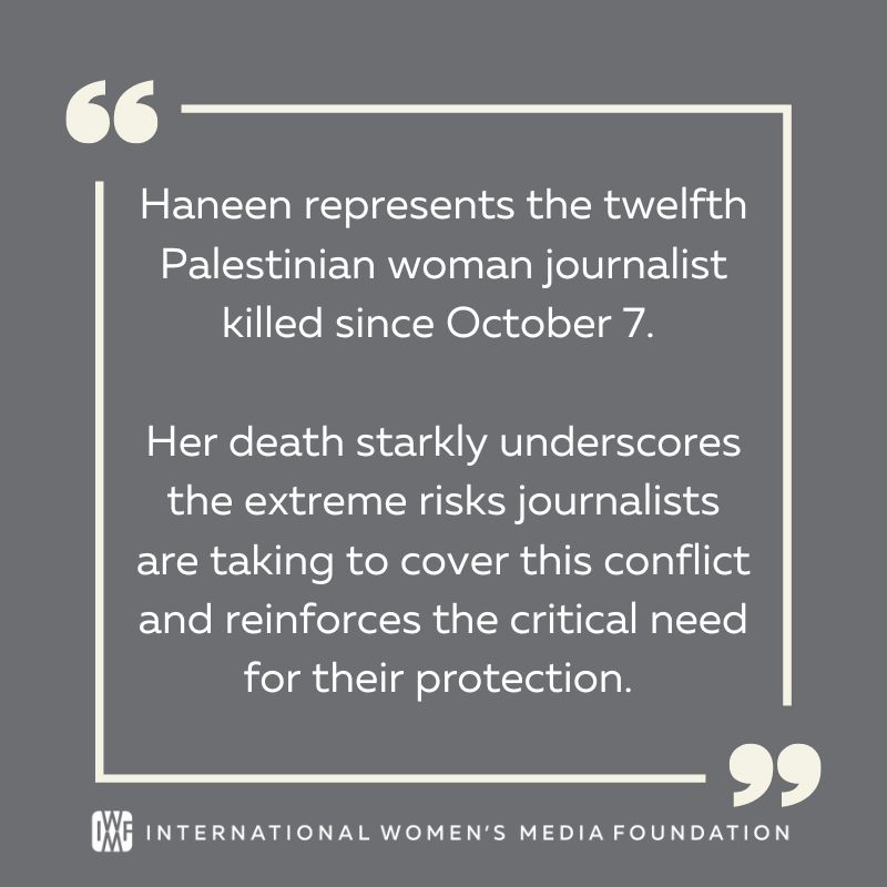 We denounce the ongoing violence against journalists in the Israel-Gaza conflict, highlighted by Haneen Ali Al-Qashtan's tragic death in Gaza's Nuseirat camp bombing. Her death demands urgent action to end journalist targeting in this war. bit.ly/482zQUa