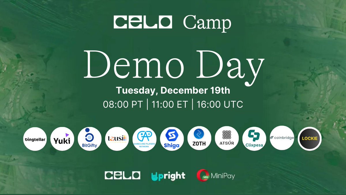 ⏳ #DemoDay is almost here 🙌

🗓️ Join us tomorrow at 11:00 ET to see what @zothdotio, @BitGifty, @ShigaDigital, @TausiApp, @coinbridgeAf, @YukiHodl, @clixpesa, @trybingtellar, @lockiedapp, @onegapnetwork, & @Atsur_art are building for @minipay!

@uprightventures
@CeloOrg
@cLabs