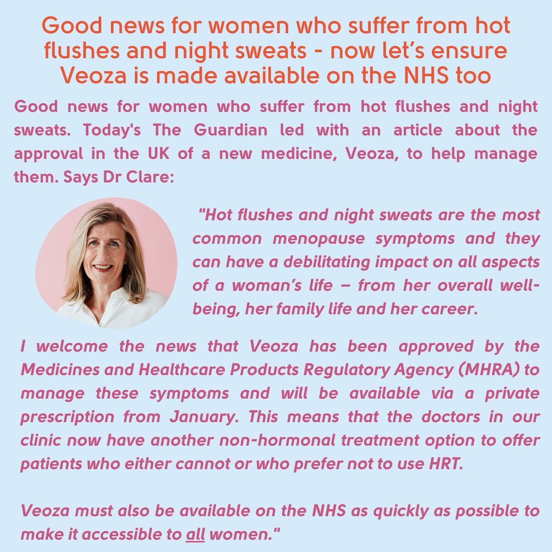 Today's The Guardian led with an article about the approval in the UK of a new medicine, Veoza, to help manage them. We've linked to the article below, and says Dr Clare: 👉hubs.la/Q02dj24w0 #menopause #perimenopause #hotflushes #nightsweats #veoza