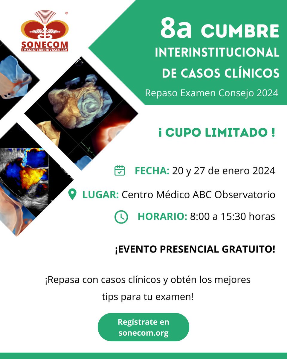 🌟 ¡Atención Fellows! 🌟
Repasa para el Examen de Consejo 2024📚💡

🗓️Curso de dos días: 20 y 27 de enero
Horario: 08:00 a 15:30 horas
Registro Gratuito bit.ly/3ttGZ0z

¡CUPO LIMITADO!