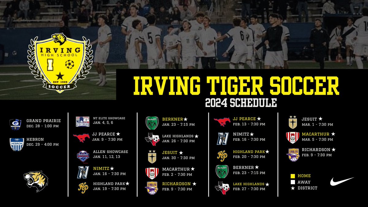 Irving HS Boys Soccer (@ihstigerssoccer) on Twitter photo Mark your calendars and come support the Irving Tigers as we aim to defend our title as District Champs! We're ready for another epic season, so don't miss out!
<a href="/IrvingHigh/">Irving High School</a> <a href="/tascosoccer/">TASCO</a> <a href="/LethalSoccer/">Coach Duque</a> Mark your calendars and come support the Irving Tigers as we aim to defend our title as District Champs! We're ready for another epic season, so don't miss out!
<a href="/IrvingHigh/">Irving High School</a> <a href="/tascosoccer/">TASCO</a> <a href="/LethalSoccer/">Coach Duque</a>