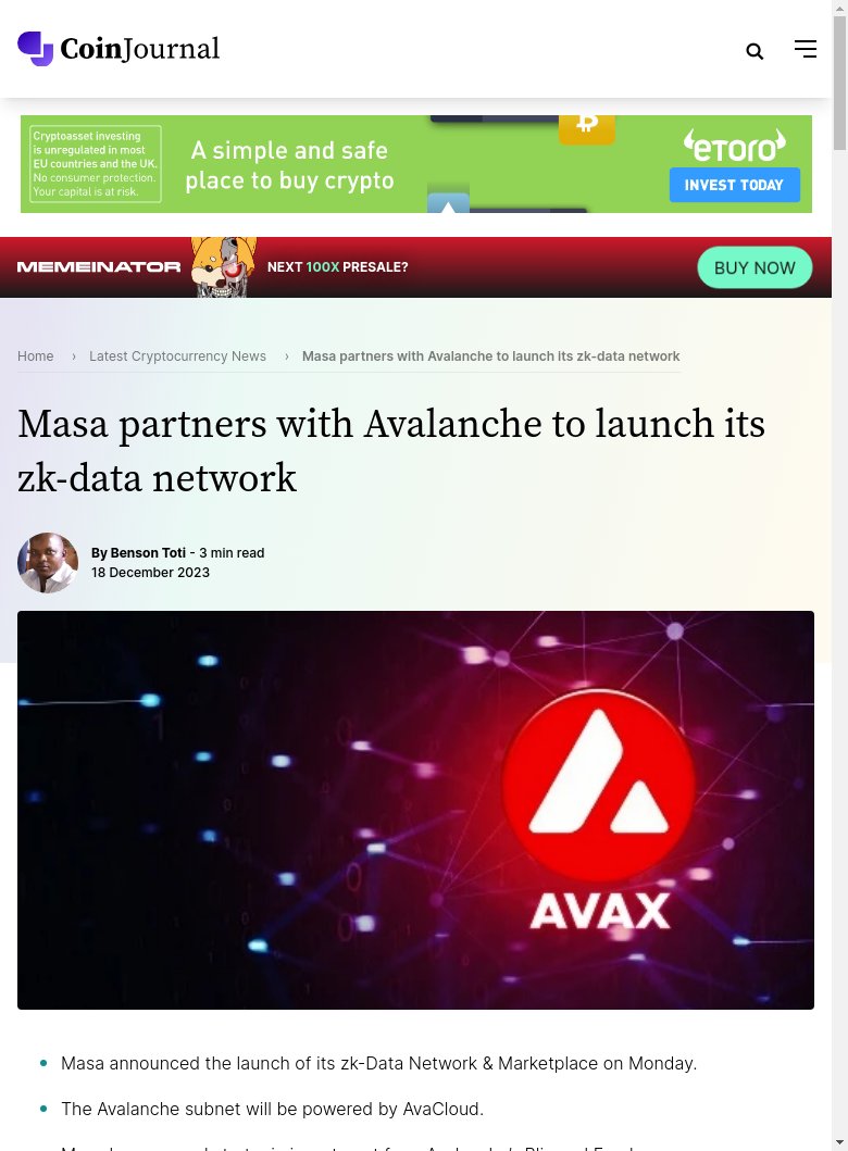 rayan_bibiloni's tweet image. BREAKING NEWS :  Masa partners with Avalanche to launch zk-data network, bringing increased privacy and scalability to the cryptocurrency ecosystem. cryptoeco.net/tw/6434.html  #crypto #partnership #zkData
