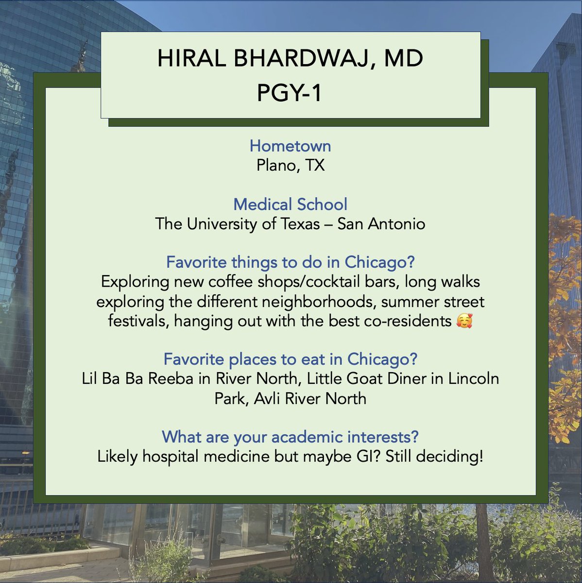 Joining us from Plano , TX today's resident spotlight: Hiral Bhardwaj! #GoFlames #UICIM
