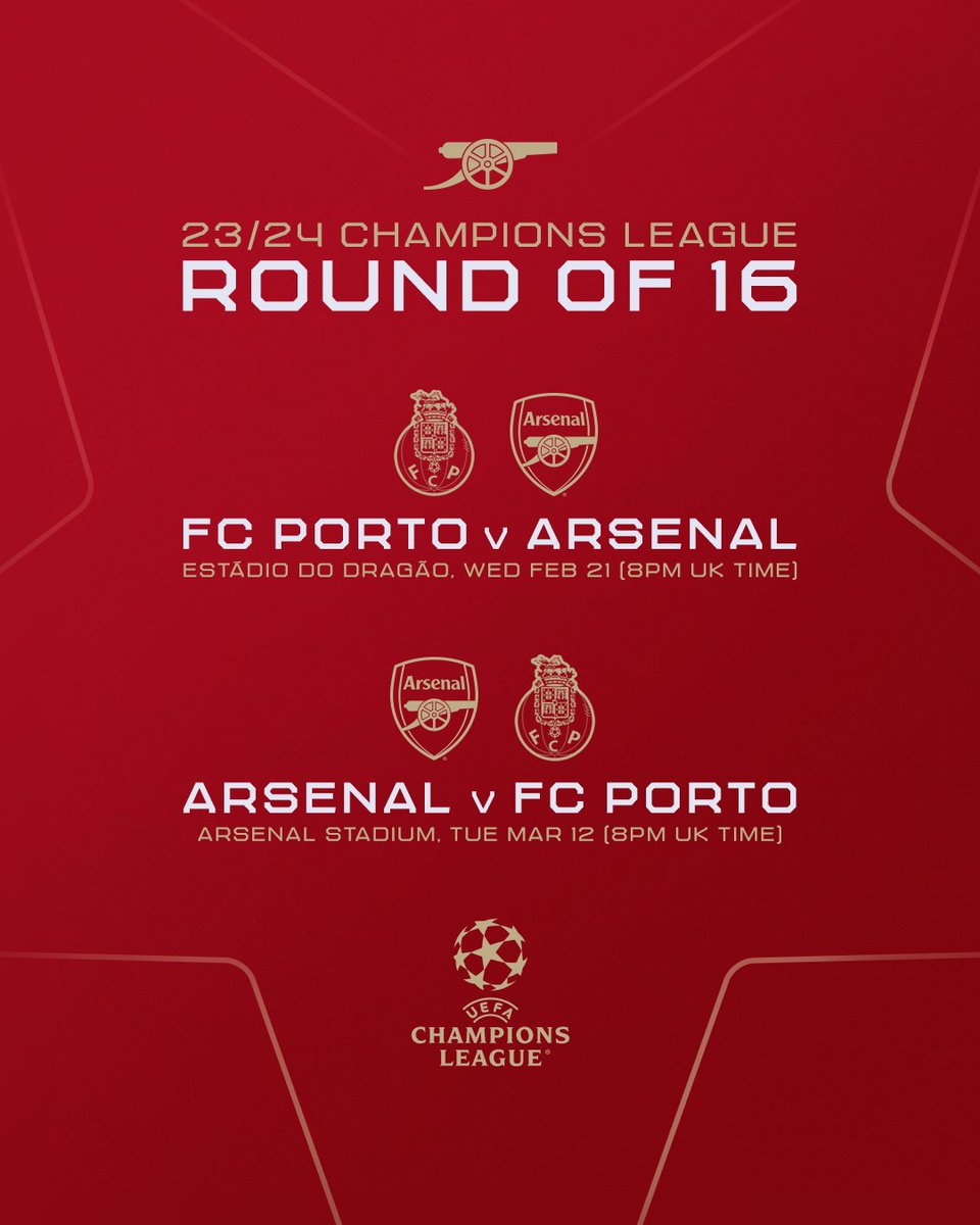 Dates and times for our @ChampionsLeague round of 16 matches against FC Porto have been confirmed 🔒