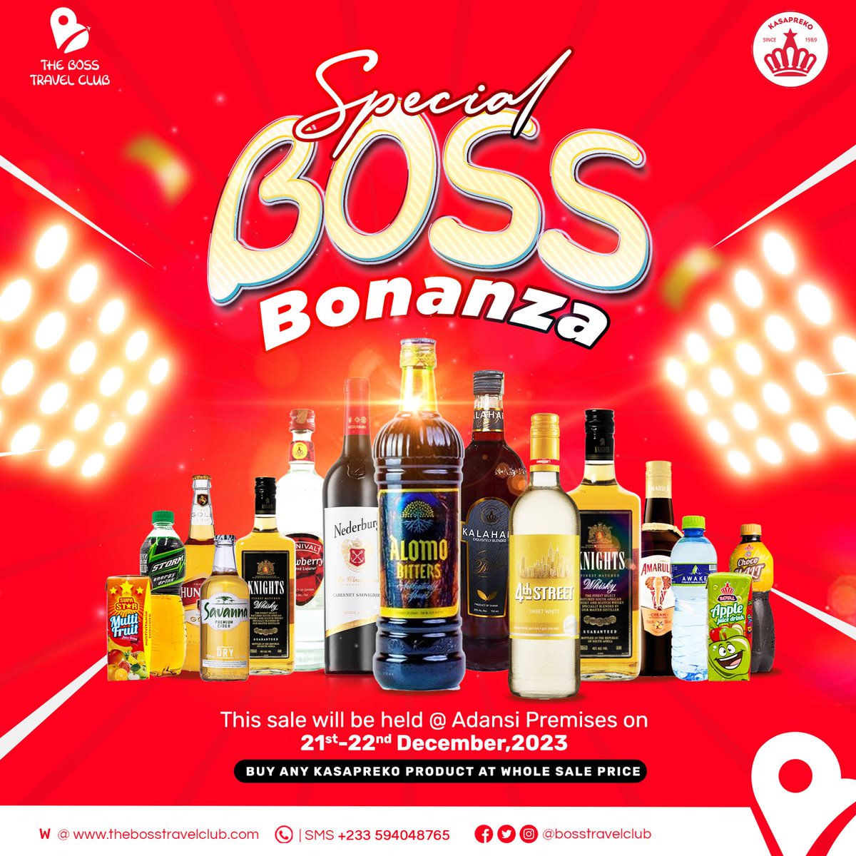 Special Boss Bonanza is here!!!

Grab your favourite Kasapreko products 🍾🍷🥂 at an exclusive wholesale price.😎 

This runs on 21st & 22nd December at the headoffice of @adansitravels

@Kasaprekogh
#kasapreko #thebossapp #thebosstravelclub #adansitravels #travel
