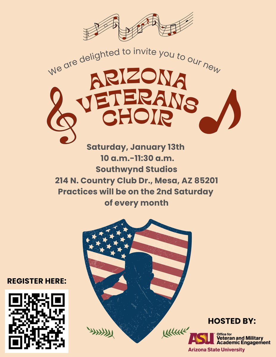 Would you like to be part of our newly formed Arizona Veterans Choir? We're aiming to gather monthly and aspire to showcase our musical talents at ceremonies, luncheons, and sporting events.

Scan the QR code for more information.

#veterans #veterancommunity #choir #music