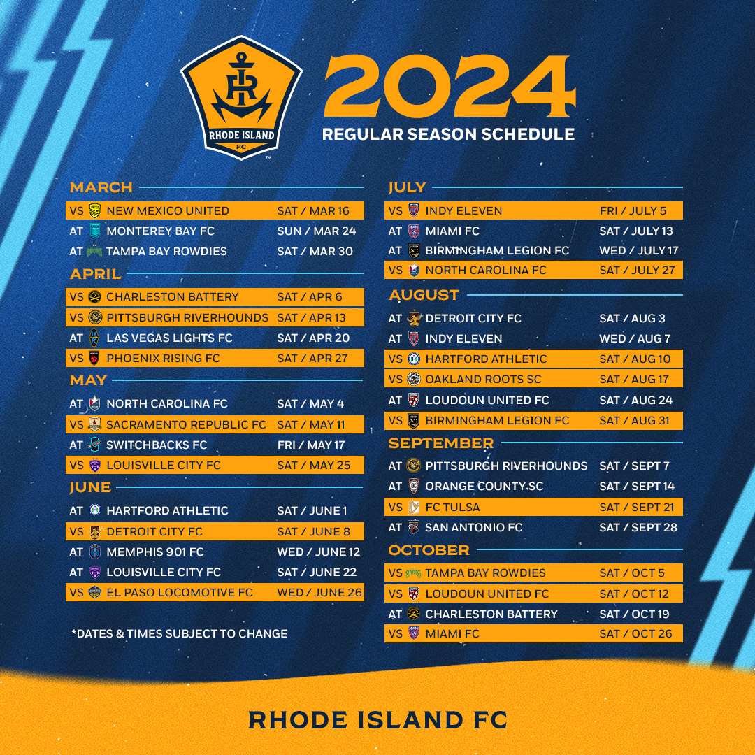 ⚓📅 Introducing the 2024 #RhodeIslandFC @uslchampionship schedule. 

Join us as we kick off our inaugural season!

Season Tickets available now! rhodeislandfc.com/tickets/

#WickedGoodSoccer | #RIFC⚓